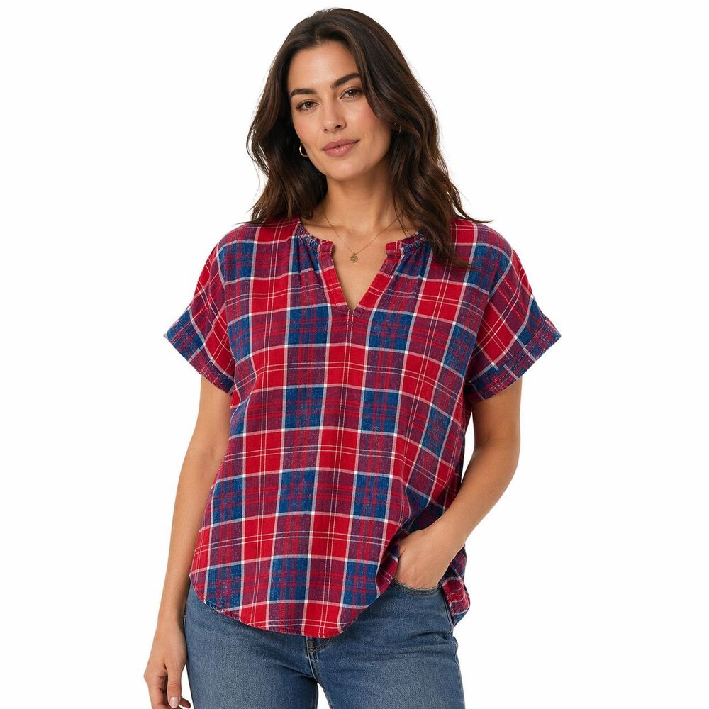 Duluth Trading Co Blouse Womens Small Red Plaid V Neck Short Sleeve Top